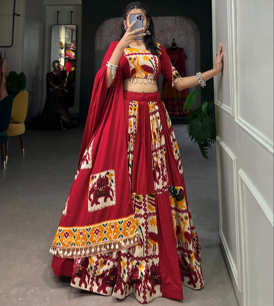 Mustard color Rayon with Printed Silk Lehenga