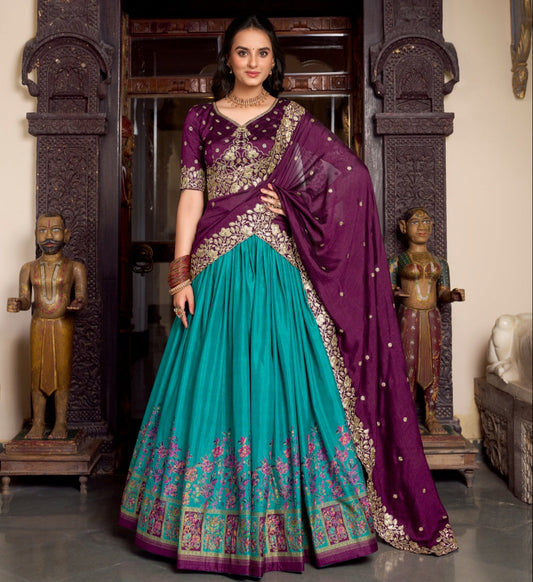 Firozi color Tasar Silk Printed with Foil Work Lehenga