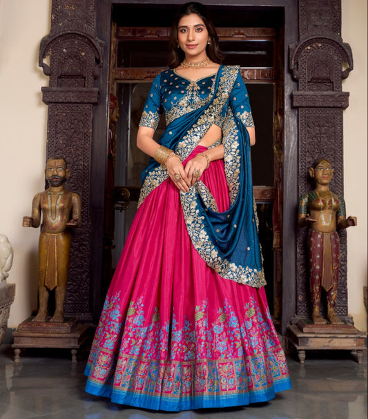 Pink color Tasar Silk Printed with Foil Work Lehenga