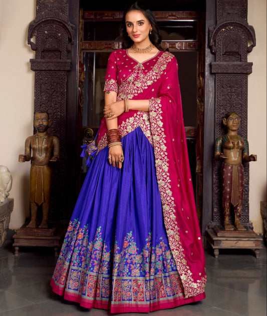 Royal Blue color Tasar Silk Printed with Foil Work Lehenga
