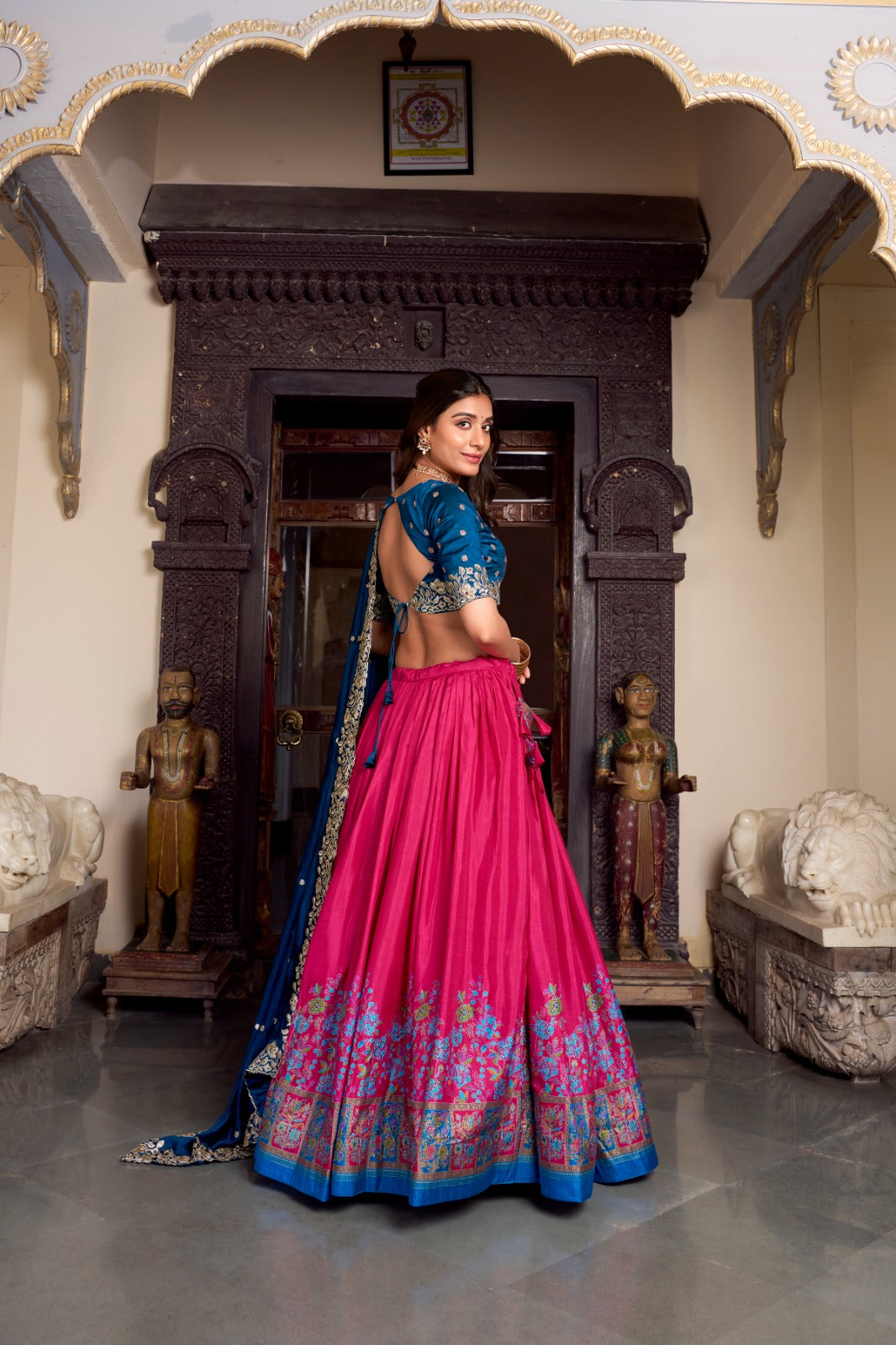 Pink color Tasar Silk Printed with Foil Work Lehenga