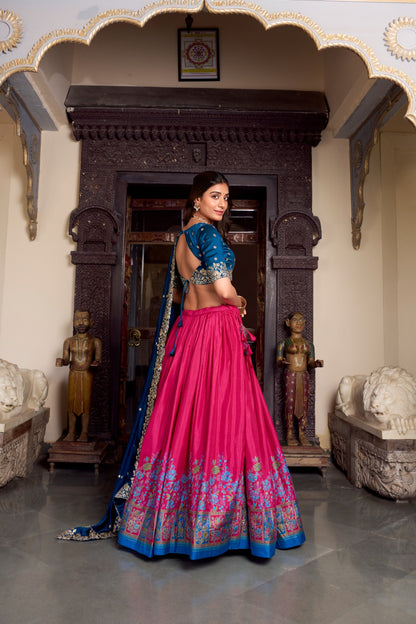 Pink color Tasar Silk Printed with Foil Work Lehenga