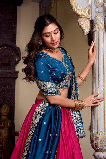 Pink color Tasar Silk Printed with Foil Work Lehenga