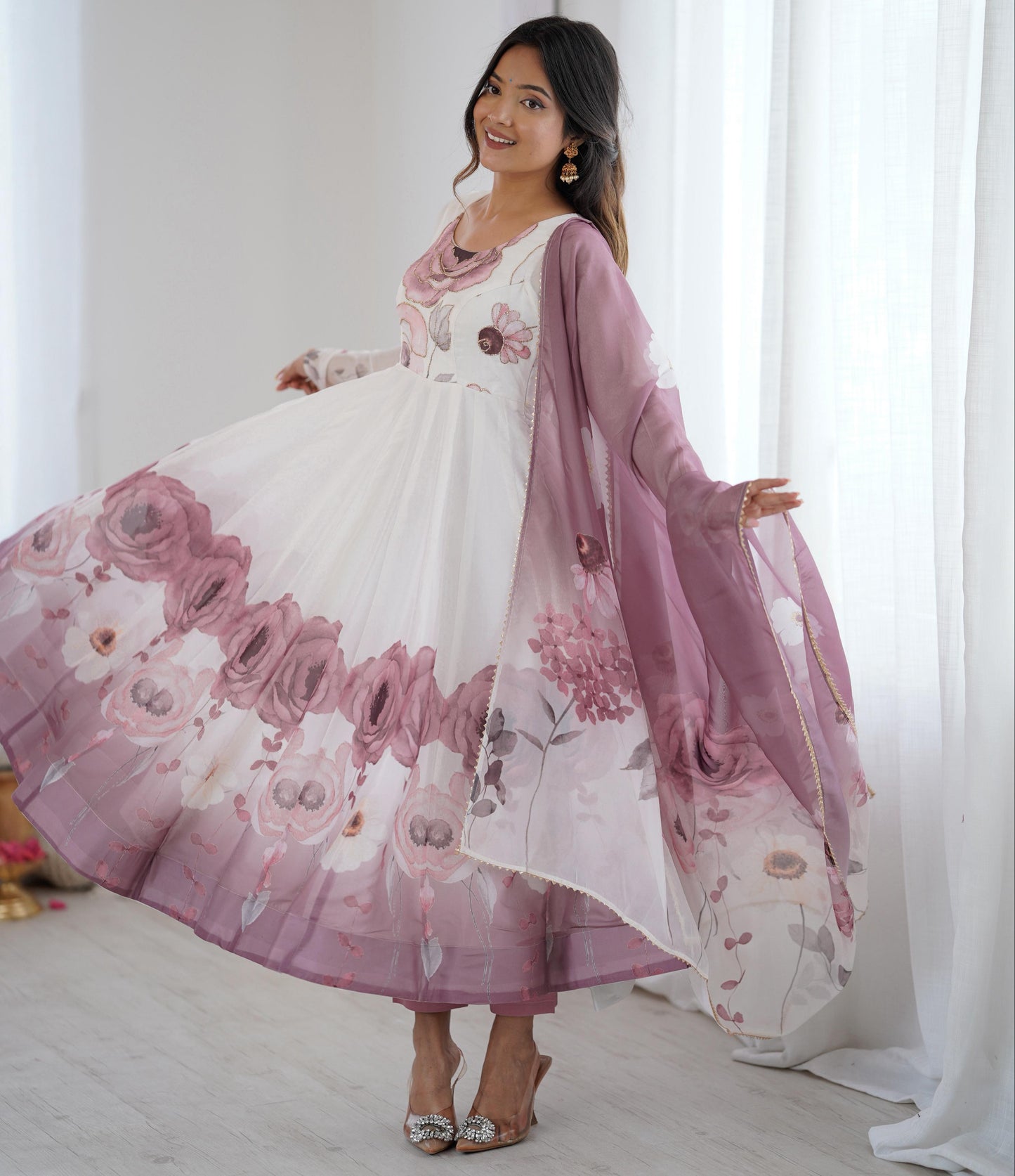 Onion Soft Organza Silk Jari Floral Work  3pc Kurta Set