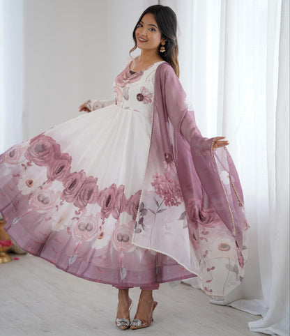 Onion Soft Organza Silk Jari Floral Work  3pc Kurta Set
