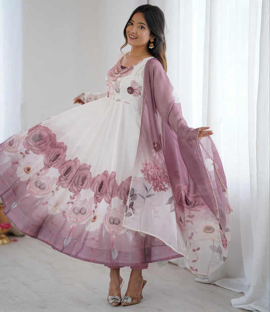 Onion Soft Organza Silk Jari Floral Work  3pc Kurta Set