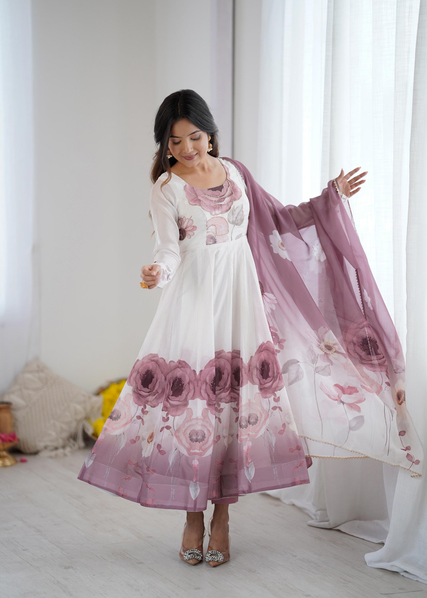 Onion Soft Organza Silk Jari Floral Work  3pc Kurta Set