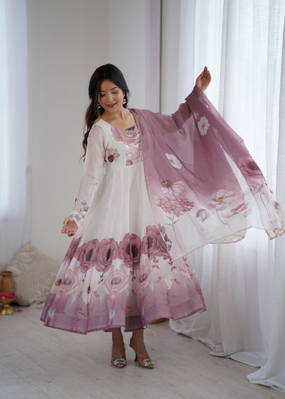 Onion Soft Organza Silk Jari Floral Work  3pc Kurta Set