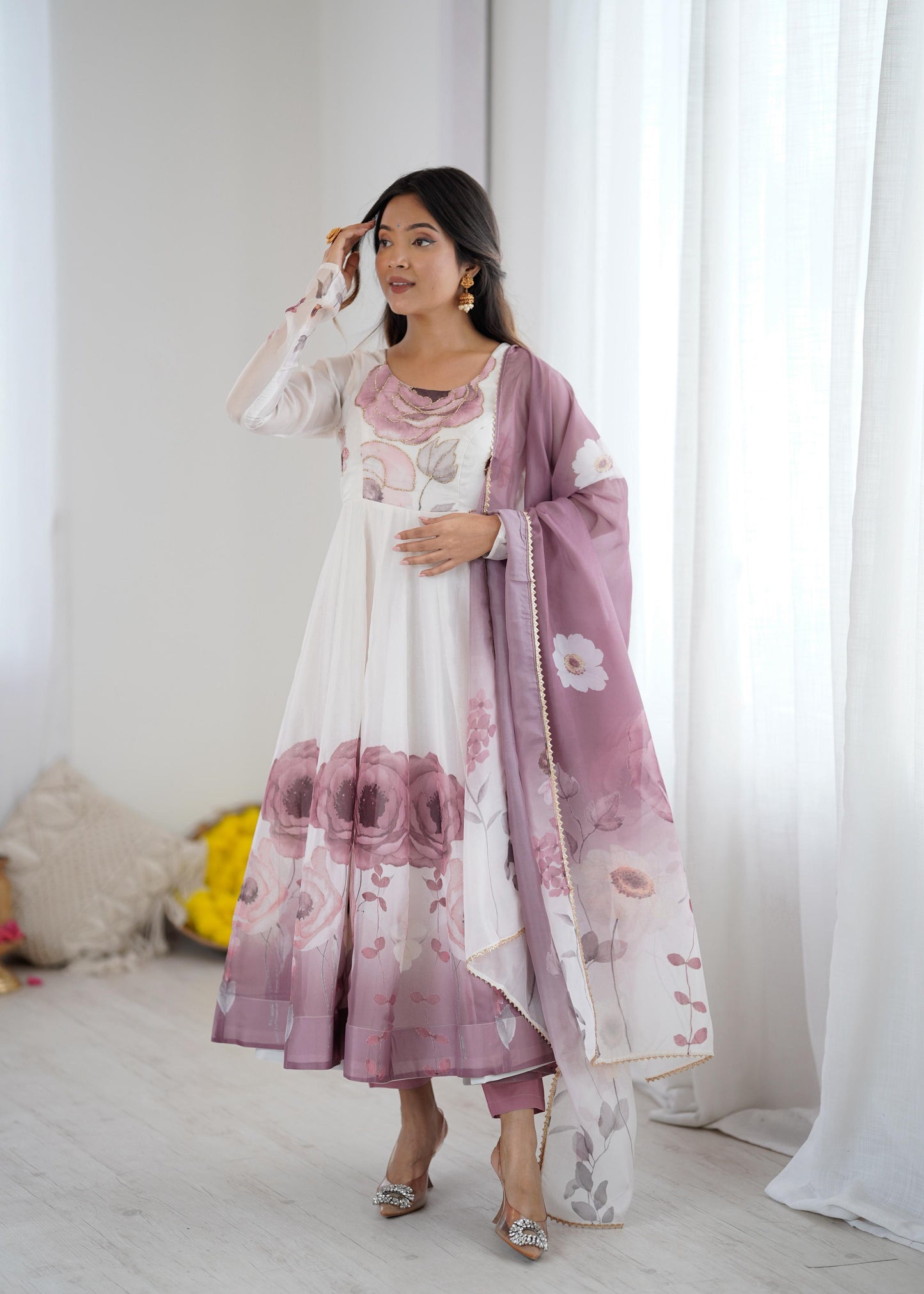 Onion Soft Organza Silk Jari Floral Work  3pc Kurta Set