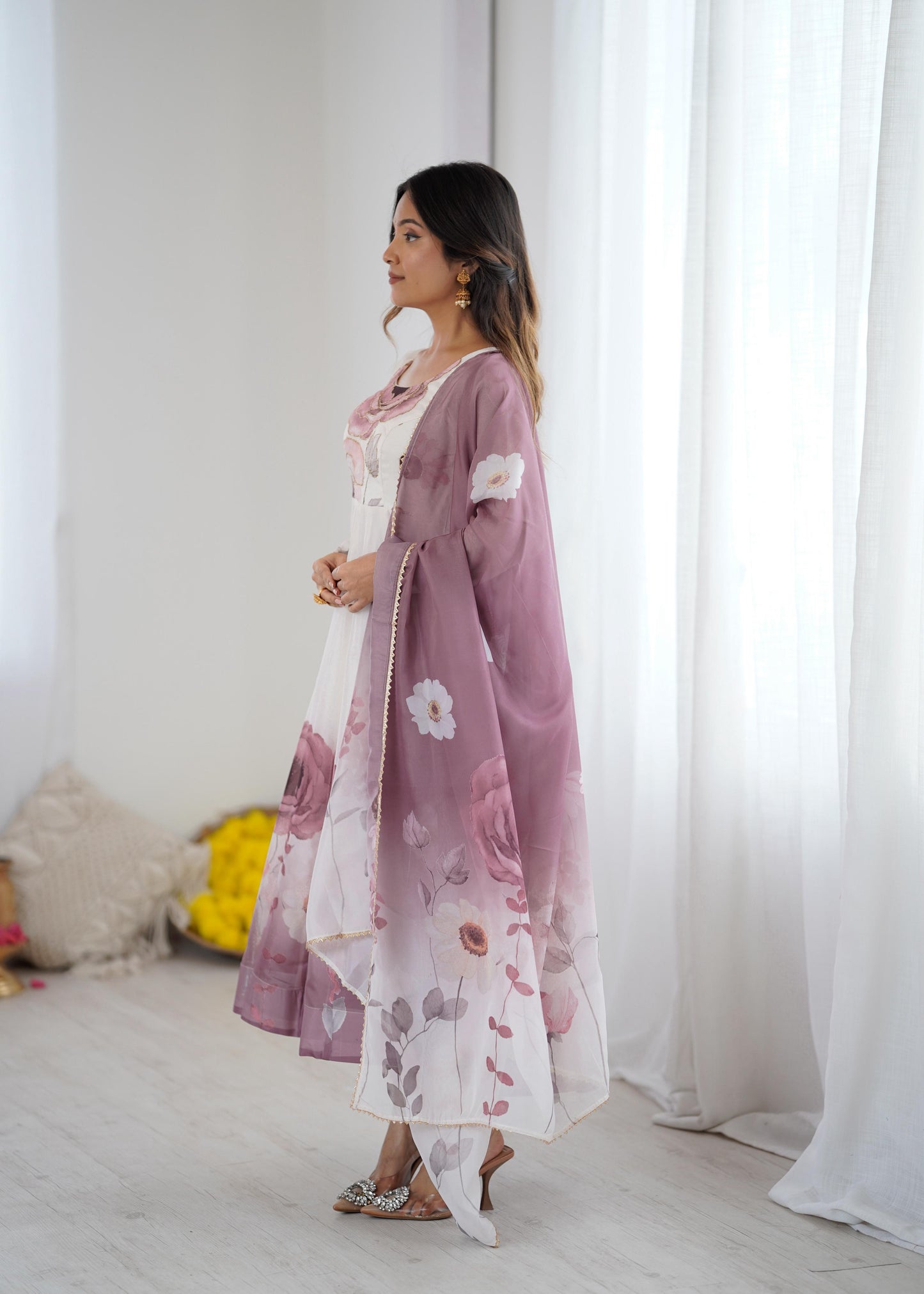 Onion Soft Organza Silk Jari Floral Work  3pc Kurta Set