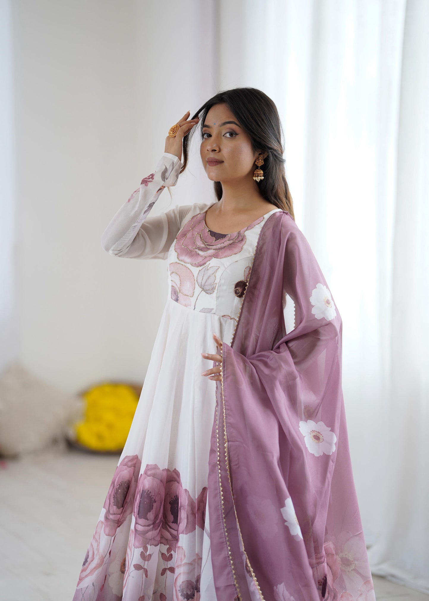 Onion Soft Organza Silk Jari Floral Work  3pc Kurta Set