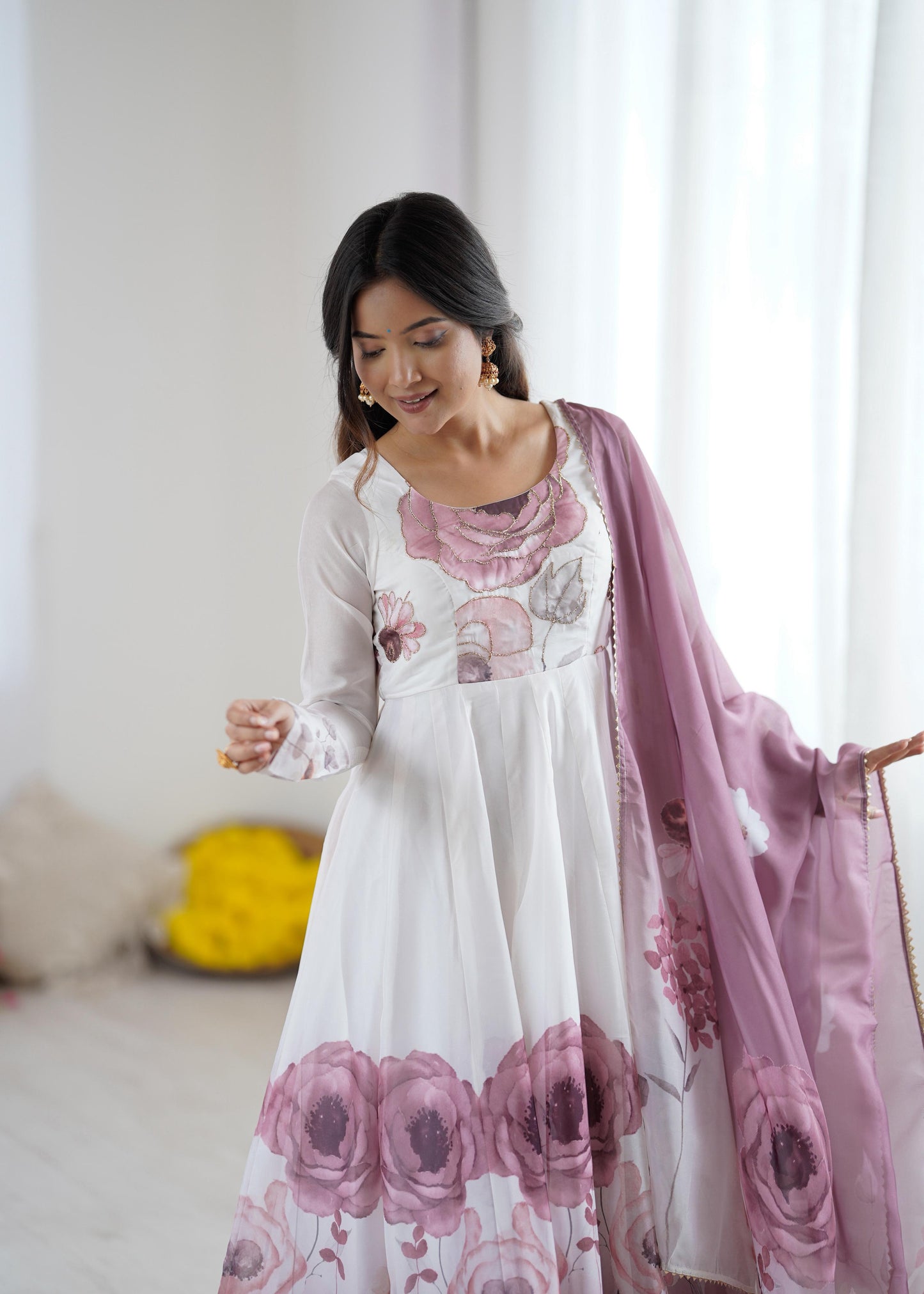 Onion Soft Organza Silk Jari Floral Work  3pc Kurta Set