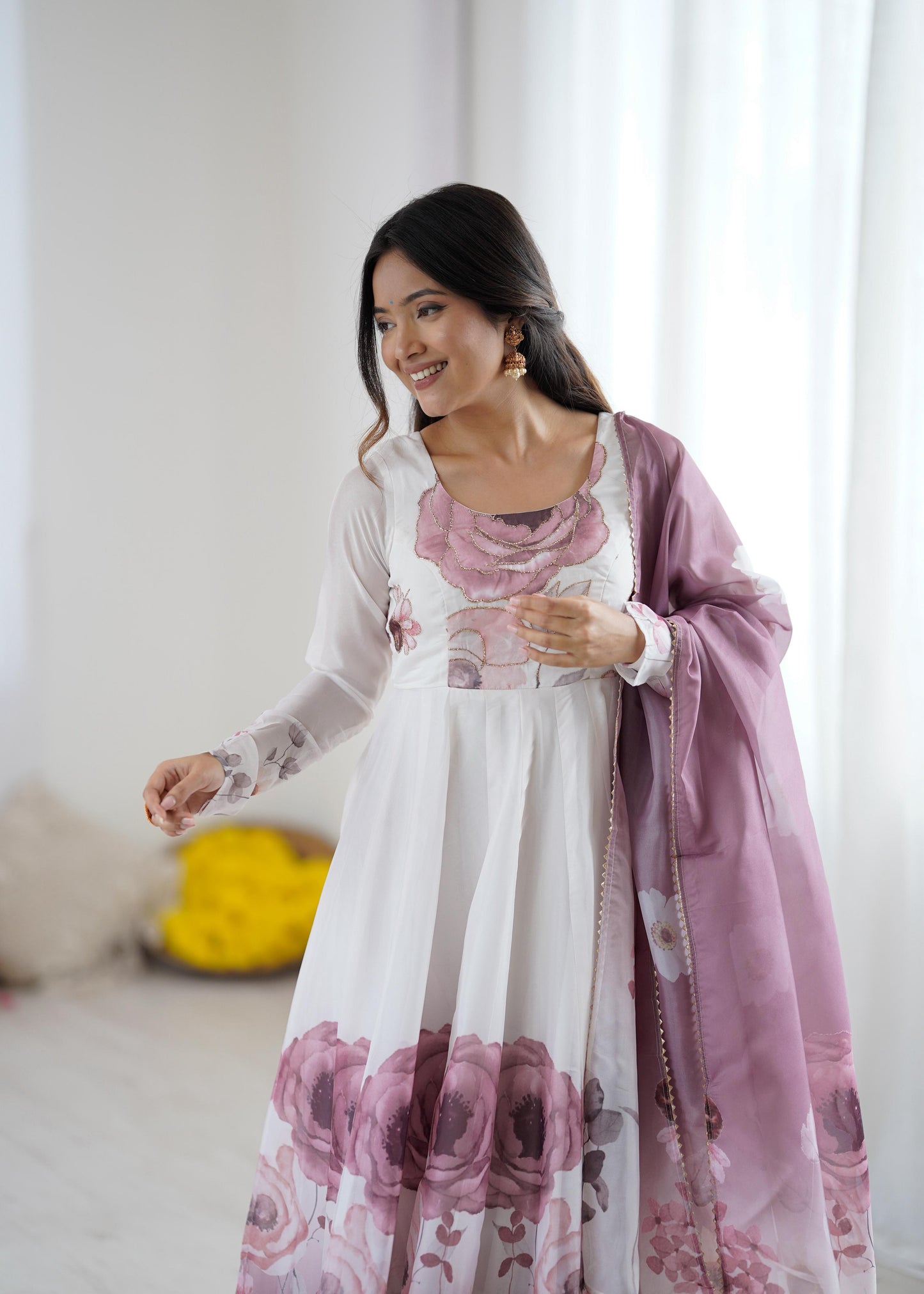 Onion Soft Organza Silk Jari Floral Work  3pc Kurta Set