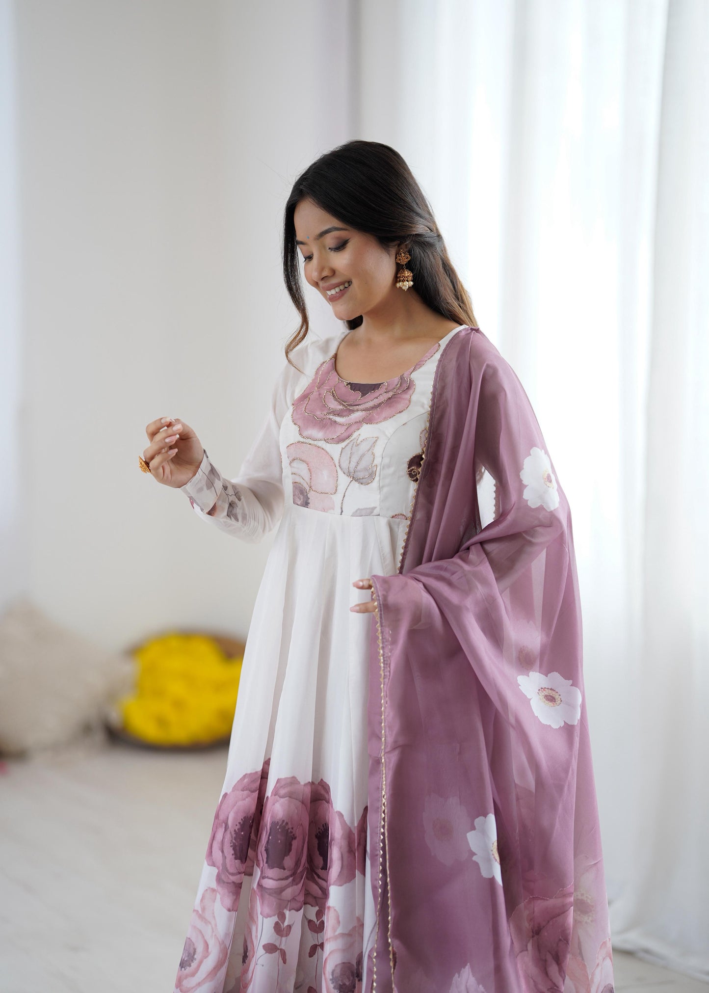 Onion Soft Organza Silk Jari Floral Work  3pc Kurta Set