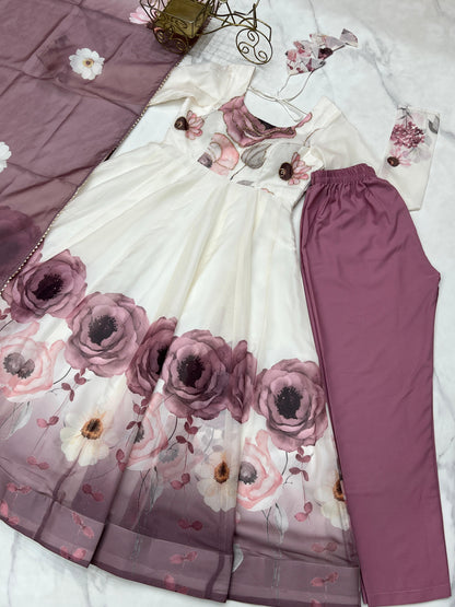 Onion Soft Organza Silk Jari Floral Work  3pc Kurta Set