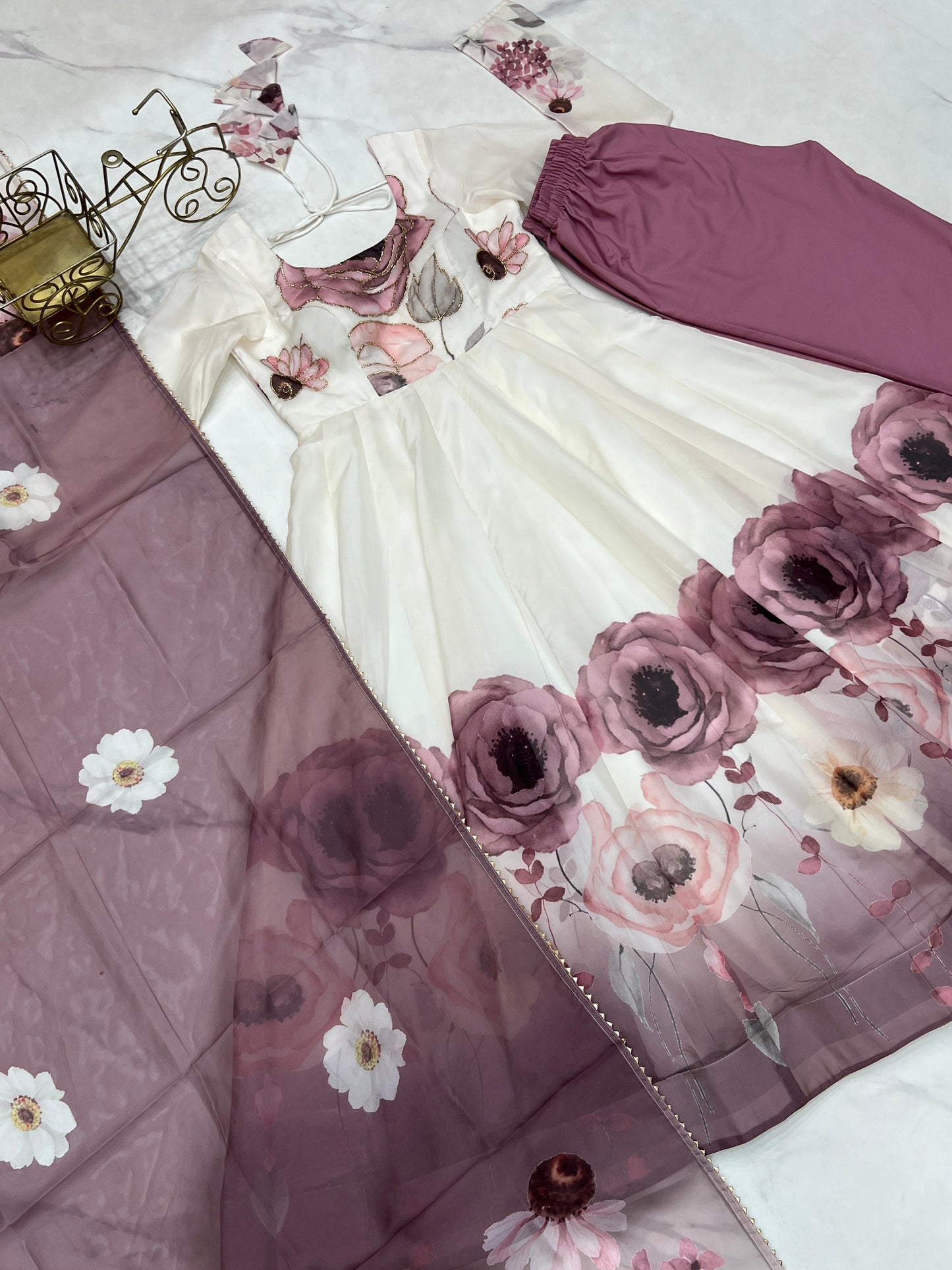 Onion Soft Organza Silk Jari Floral Work  3pc Kurta Set