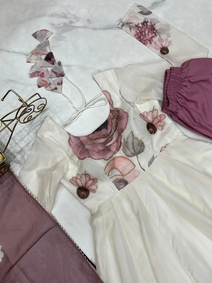 Onion Soft Organza Silk Jari Floral Work  3pc Kurta Set