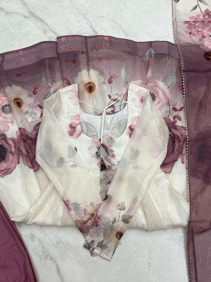 Onion Soft Organza Silk Jari Floral Work  3pc Kurta Set