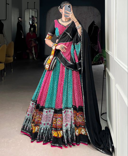 Pink Rayon Bandhej & Ajarakh Gamthi Work Lehenga
