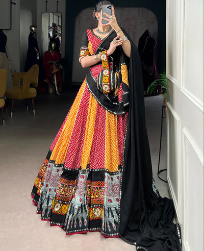 Yellow Rayon Bandhej & Ajarakh Gamthi Work Lehenga