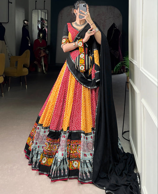 Yellow Rayon Bandhej & Ajarakh Gamthi Work Lehenga