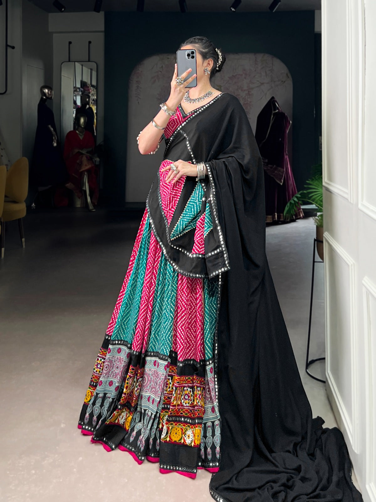 Pink Rayon Bandhej & Ajarakh Gamthi Work Lehenga