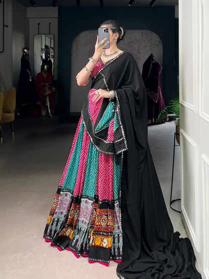 Pink Rayon Bandhej & Ajarakh Gamthi Work Lehenga