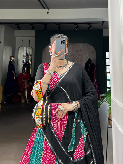 Pink Rayon Bandhej & Ajarakh Gamthi Work Lehenga
