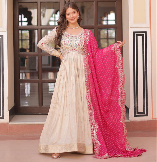 Pink Cosmos Weaving Jacquard with Pearl Beads Embroidered Work Gown With Dupatta