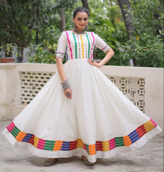White Multicolor Thread and Mirror Work Gown