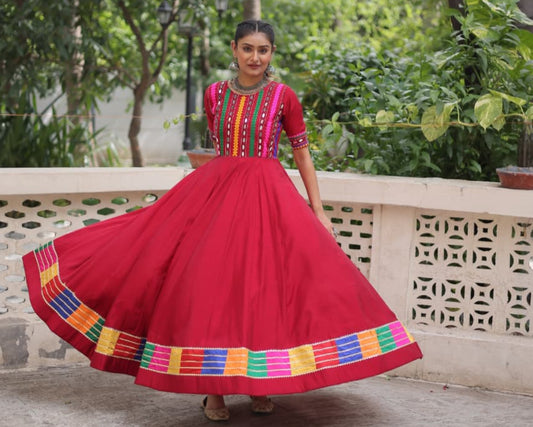 Red Multicolor Thread and Mirror Work Gown