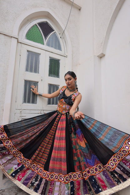 Multi Printed Gamthi Embroidered & Embellished Work Lehenga Top