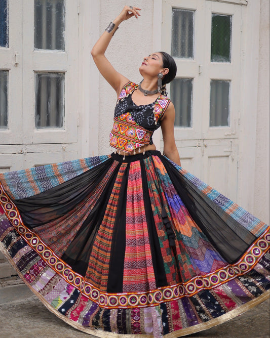 Multi Printed Gamthi Embroidered & Embellished Work Lehenga Top
