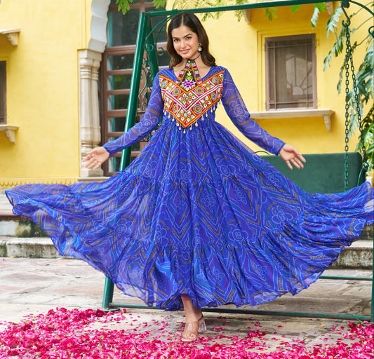 Blue Bandhani Print With Kutchi Patchwork in Faux Georgette