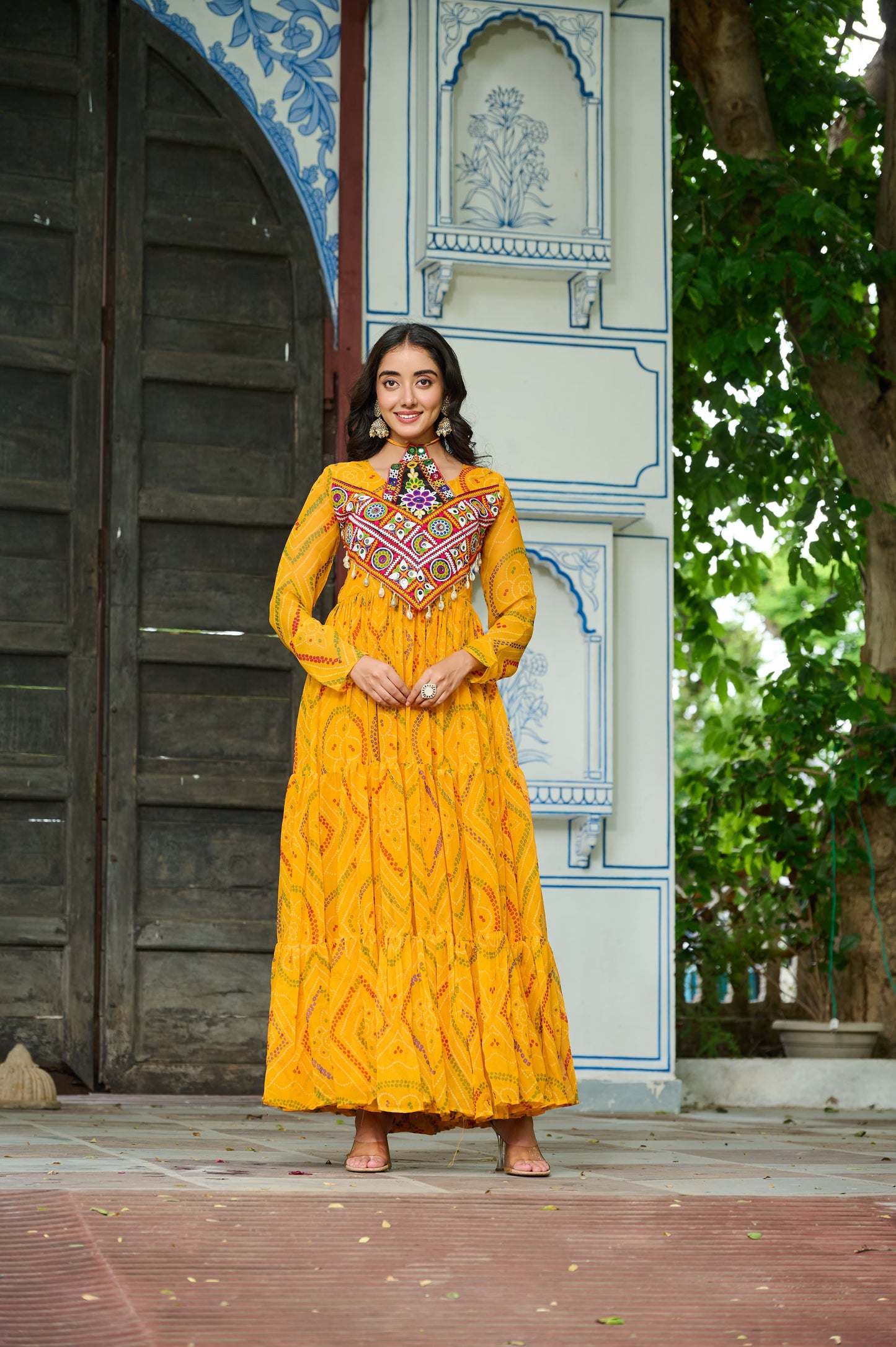 Yellow Bandhani Print With Kutchi Patchwork in Faux Georgette