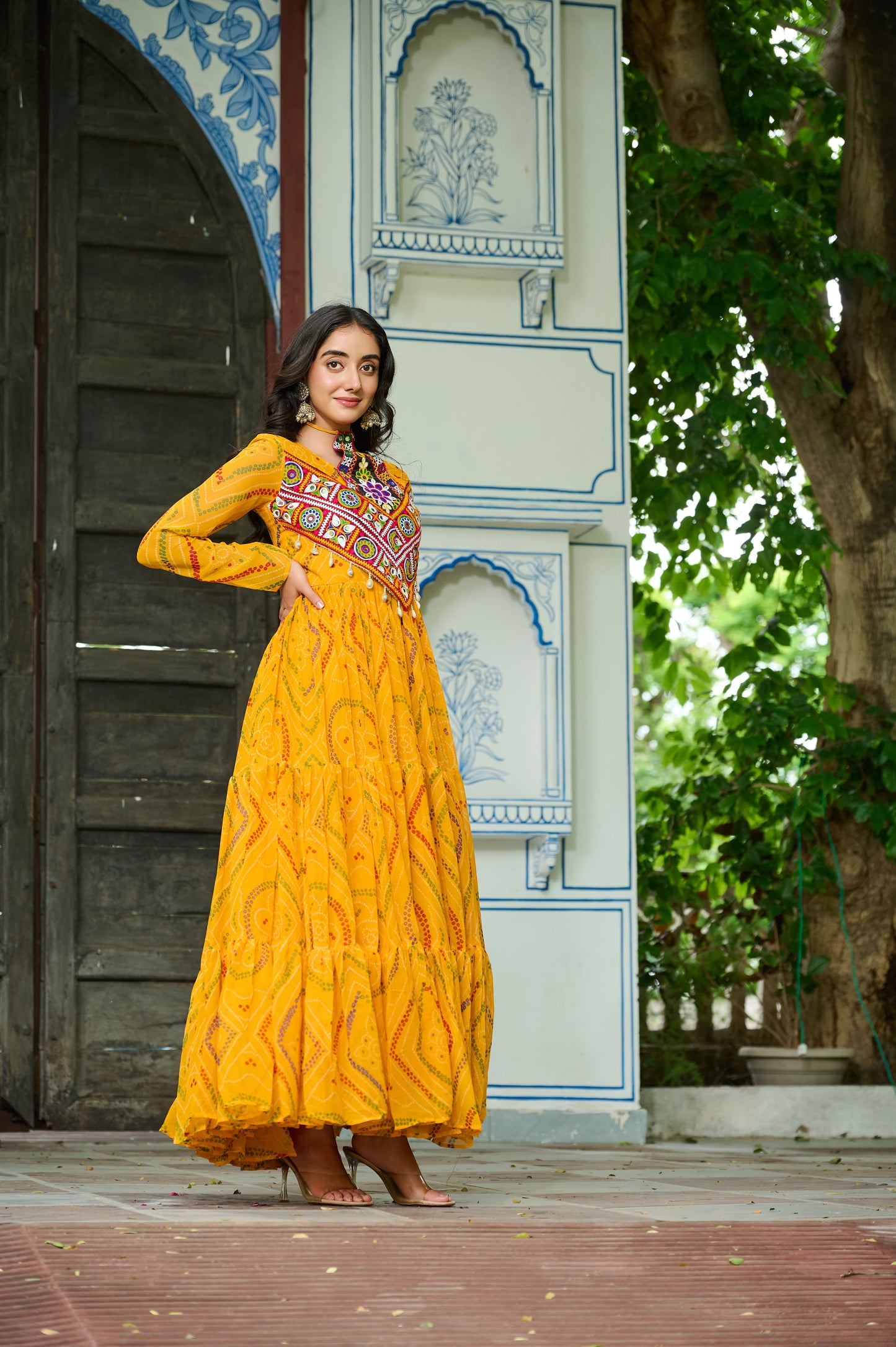 Yellow Bandhani Print With Kutchi Patchwork in Faux Georgette