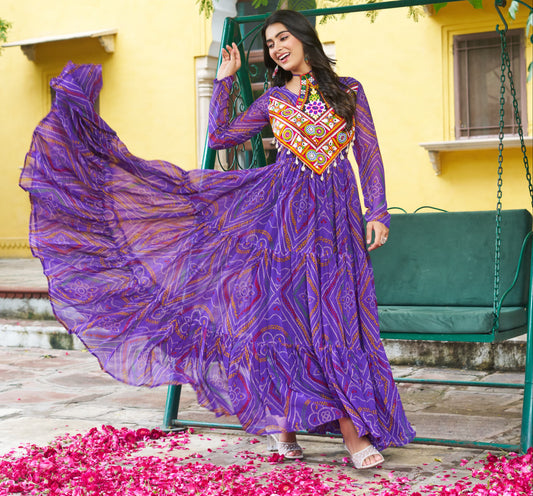 Purle Bandhani Print With Kutchi Patchwork in Faux Georgette