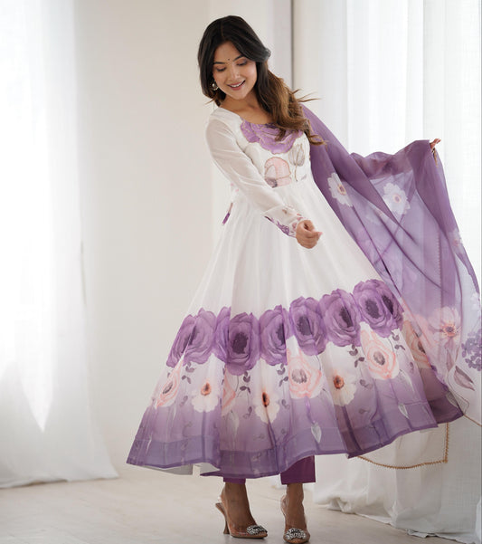 Violet Soft Organza Silk Jari Floral Work 3pc Kurta Set