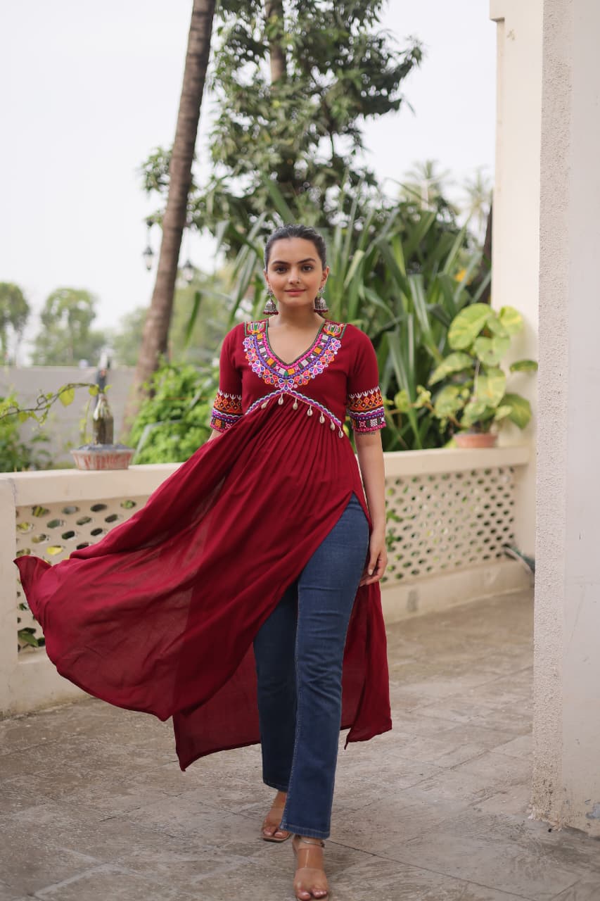 Black Reyon with Kutchi Gamthi work Kurti