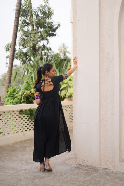 Black Reyon with Kutchi Gamthi work Kurti