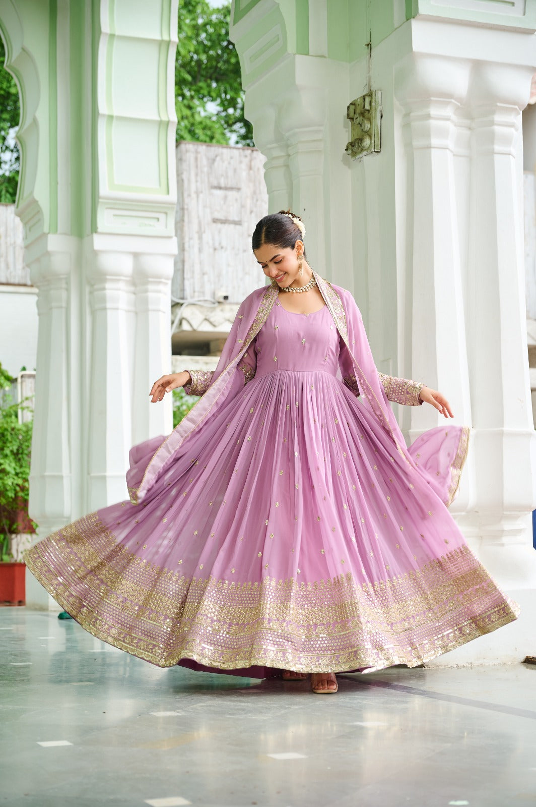 Lavender Faux Georgette With Embroidered Work Gown With Dupatta