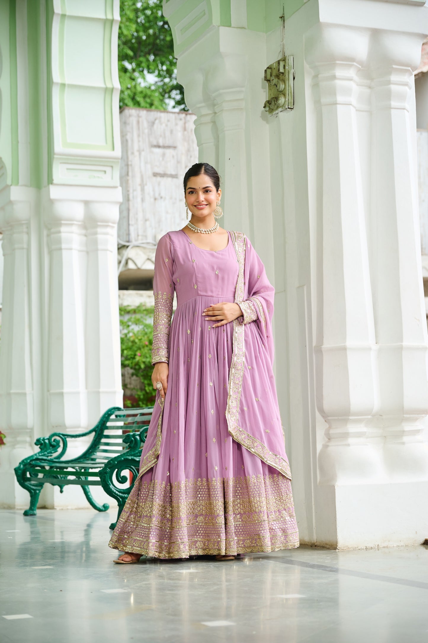 Lavender Faux Georgette With Embroidered Work Gown With Dupatta