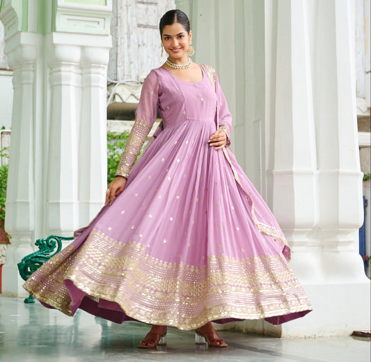 Lavender Faux Georgette With Embroidered Work Gown With Dupatta