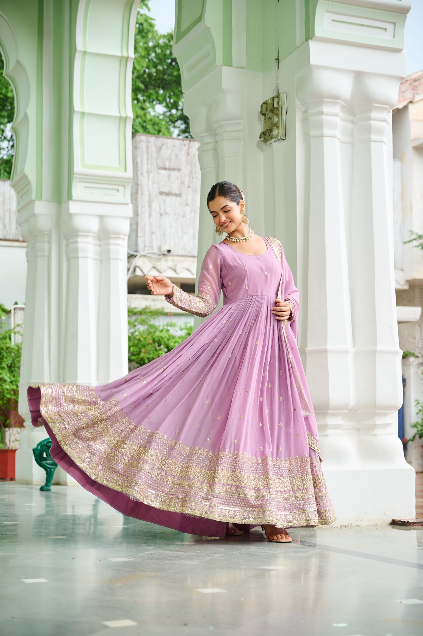 Lavender Faux Georgette With Embroidered Work Gown With Dupatta