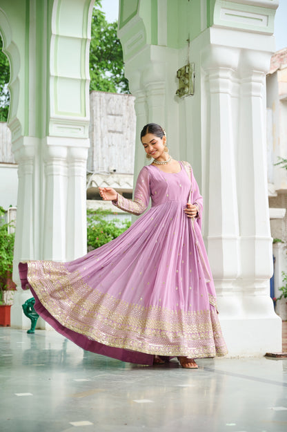 Lavender Faux Georgette With Embroidered Work Gown With Dupatta