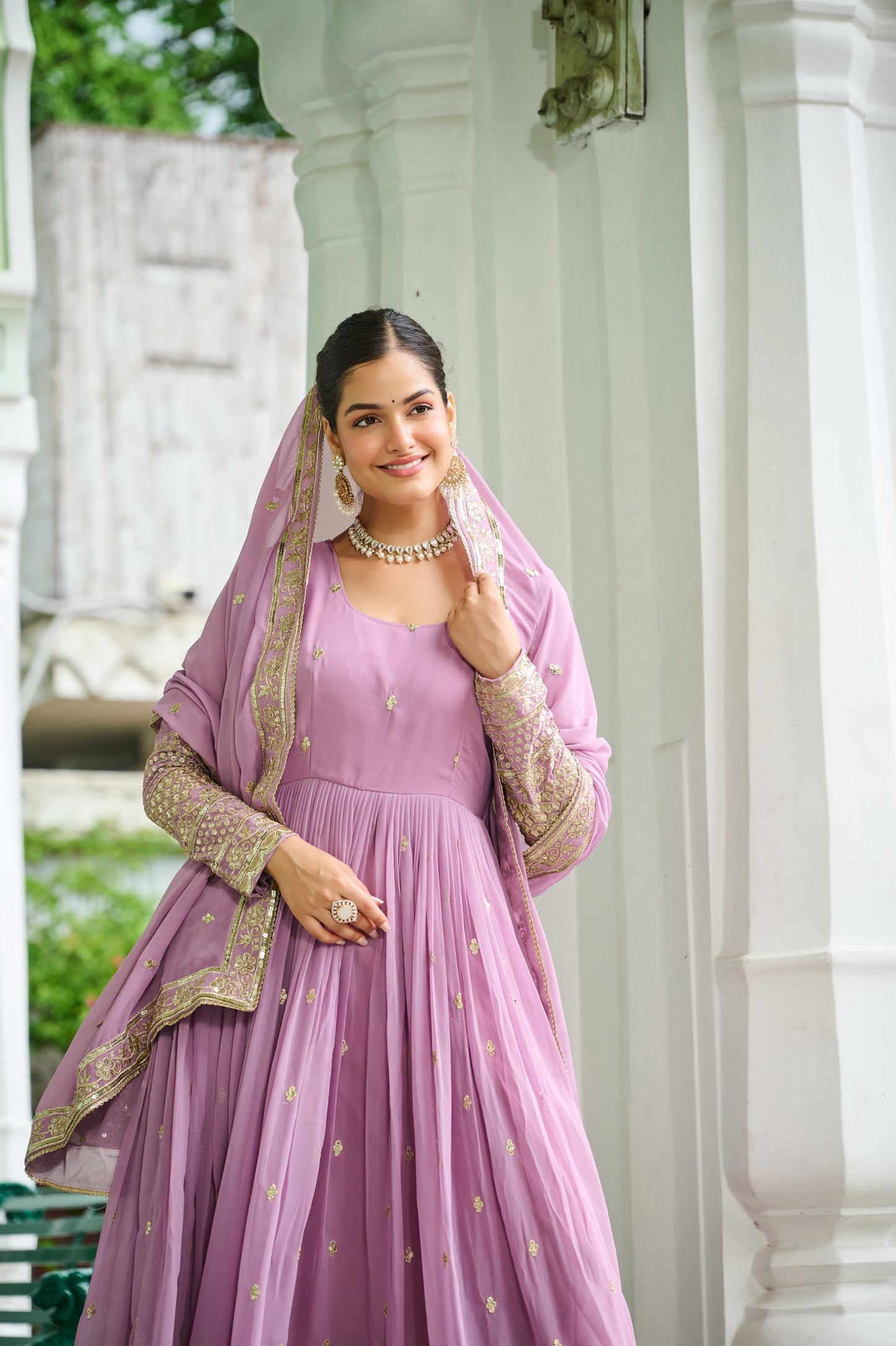 Lavender Faux Georgette With Embroidered Work Gown With Dupatta