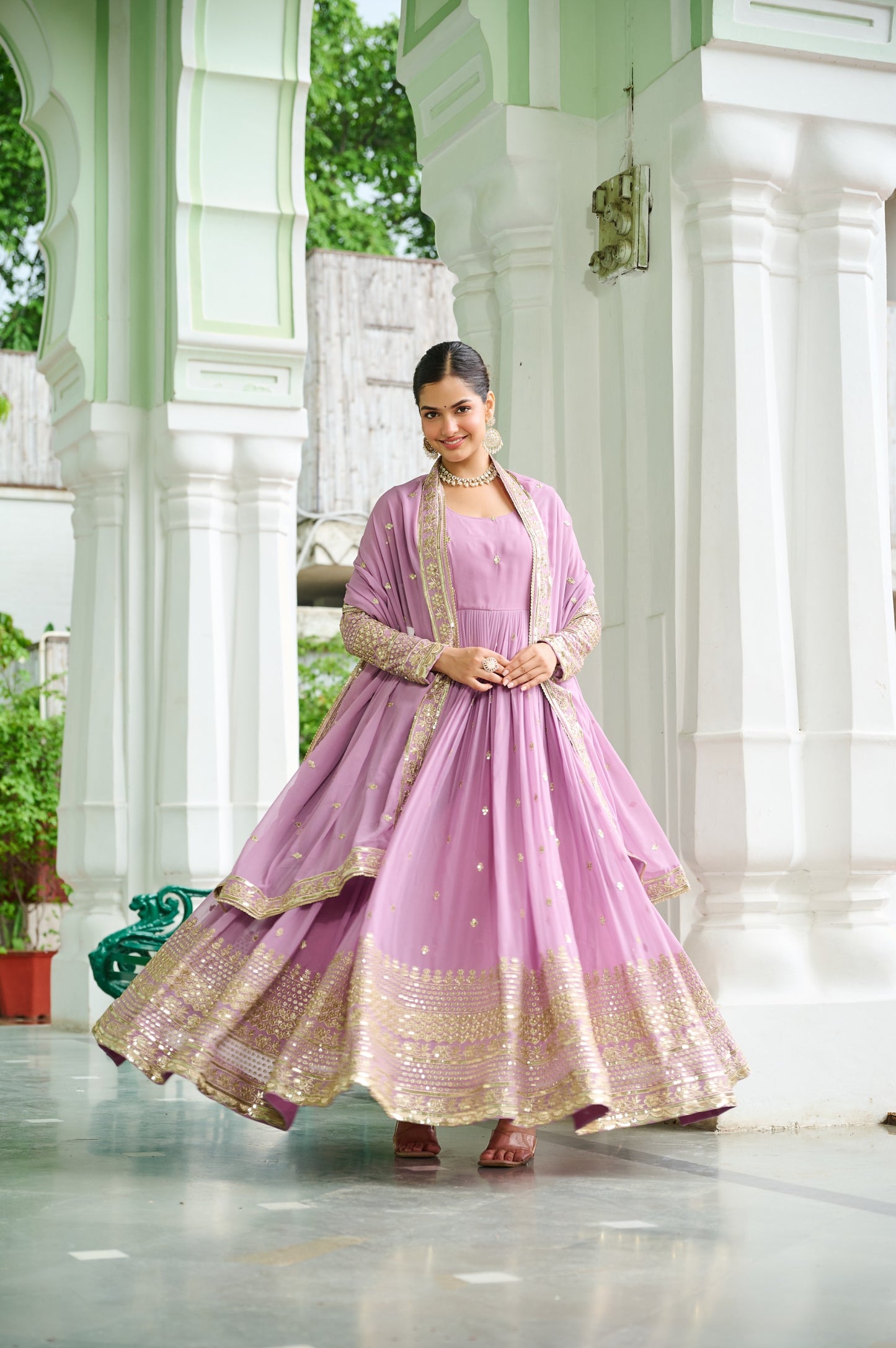 Lavender Faux Georgette With Embroidered Work Gown With Dupatta