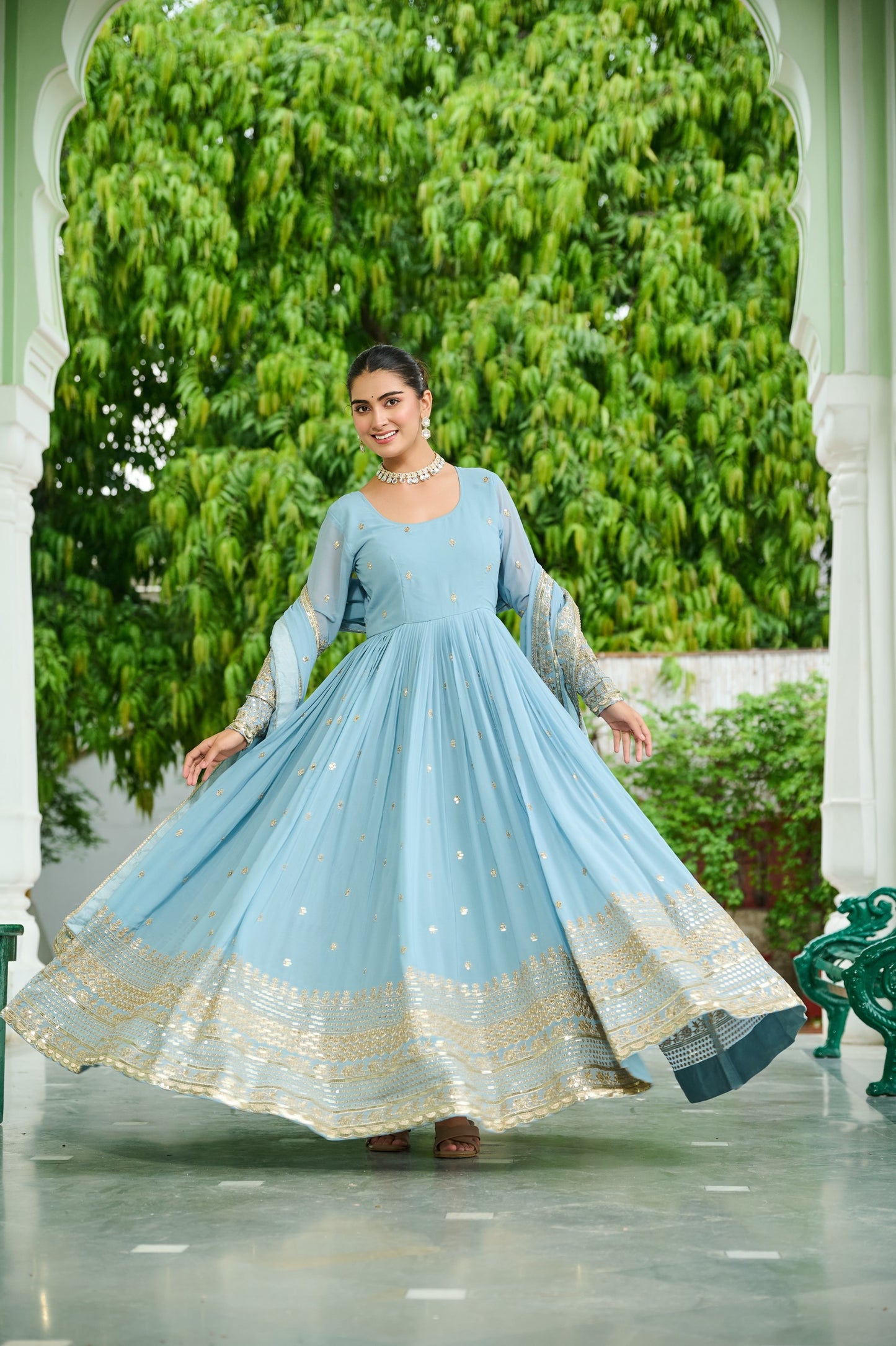 Lavender Faux Georgette With Embroidered Work Gown With Dupatta