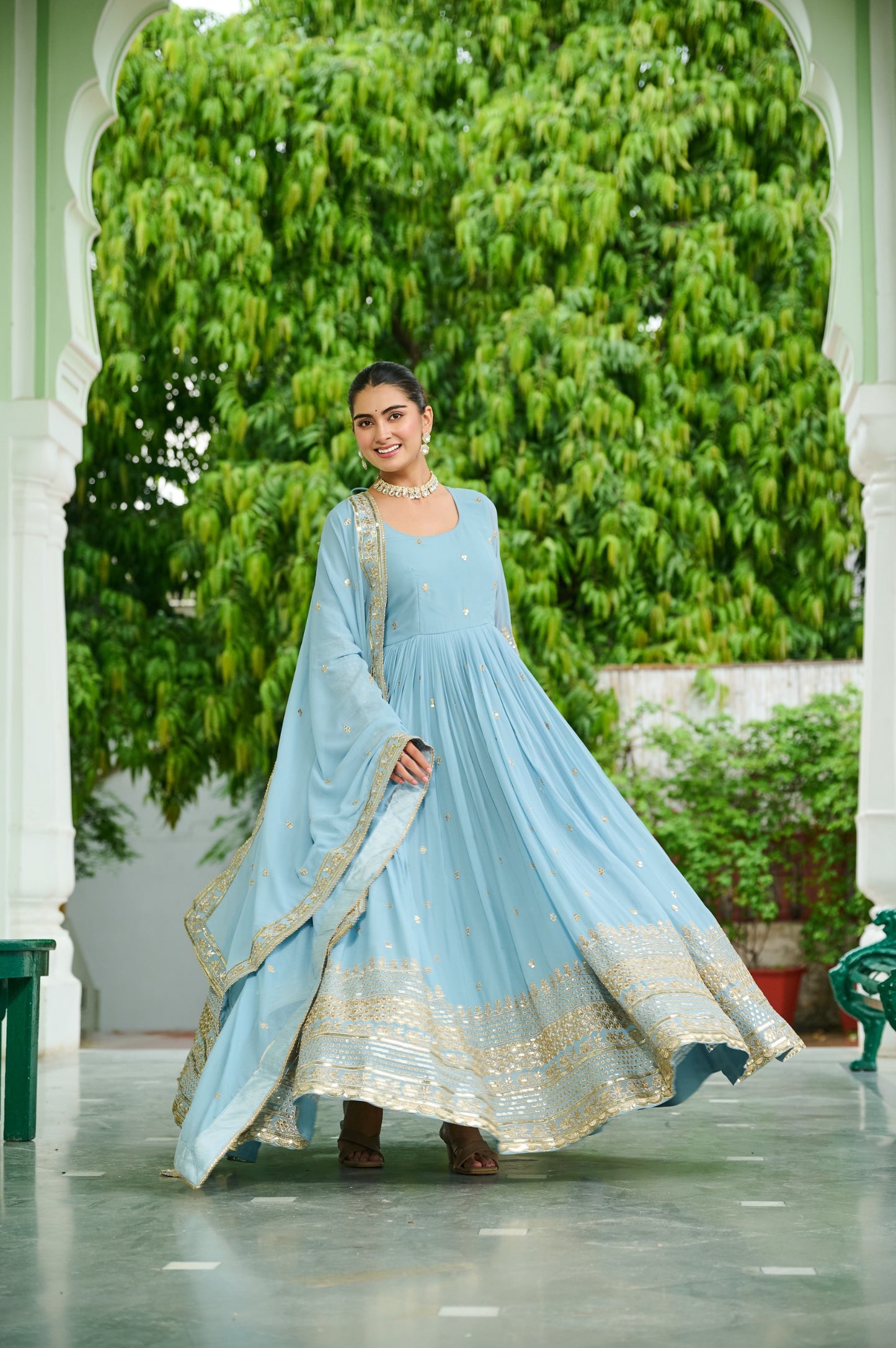 Lavender Faux Georgette With Embroidered Work Gown With Dupatta