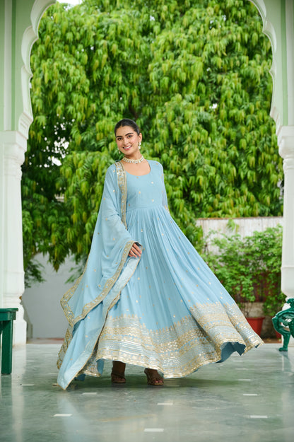 Lavender Faux Georgette With Embroidered Work Gown With Dupatta